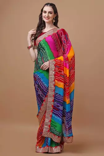 rani_pink printed embroidered detail bandhani saree