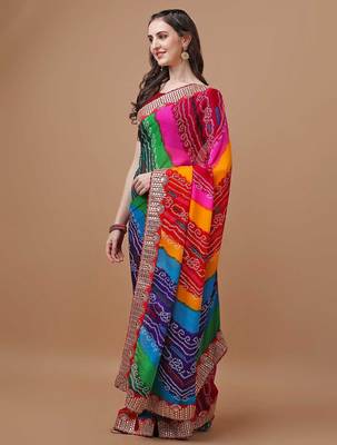 rani_pink printed embroidered detail bandhani saree 2