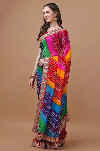 rani_pink printed embroidered detail bandhani saree