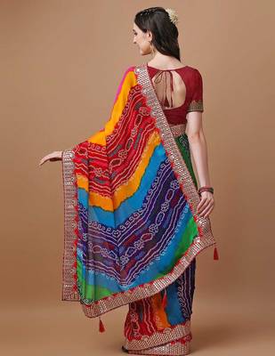 rani_pink printed embroidered detail bandhani saree 3