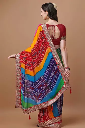 rani_pink printed embroidered detail bandhani saree