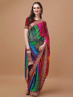 rani_pink printed embroidered detail bandhani saree 4