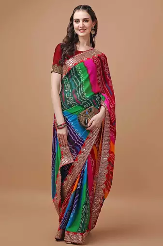 rani_pink printed embroidered detail bandhani saree