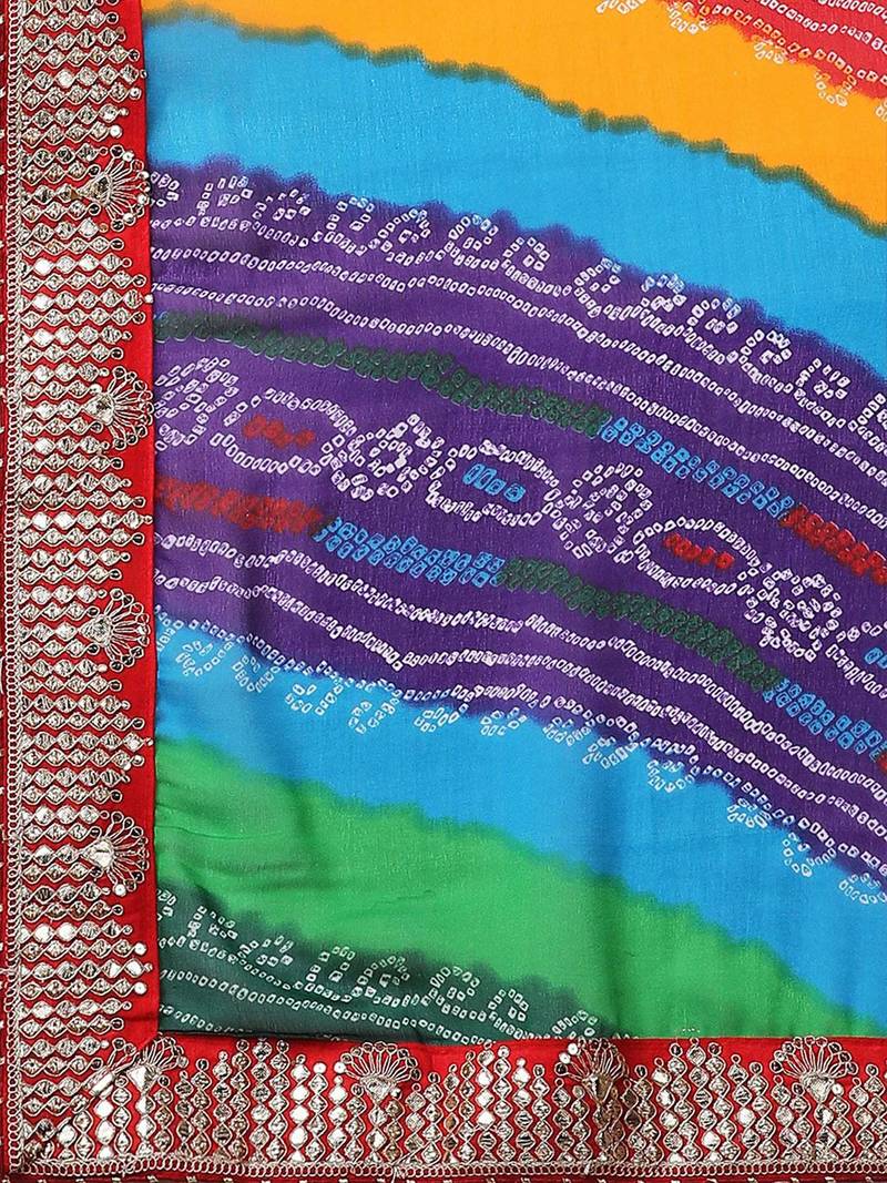rani_pink printed embroidered detail bandhani saree