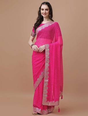 pink pink geometric printed bandhani saree 1