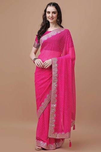 pink pink geometric printed bandhani saree