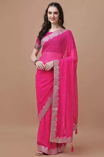 pink pink geometric printed bandhani saree