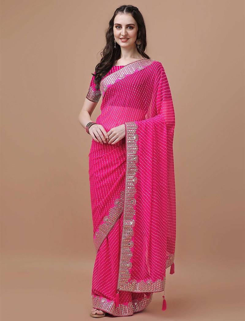 pink pink geometric printed bandhani saree