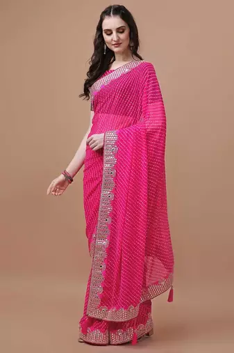 pink pink geometric printed bandhani saree
