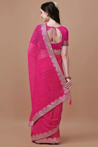 pink pink geometric printed bandhani saree
