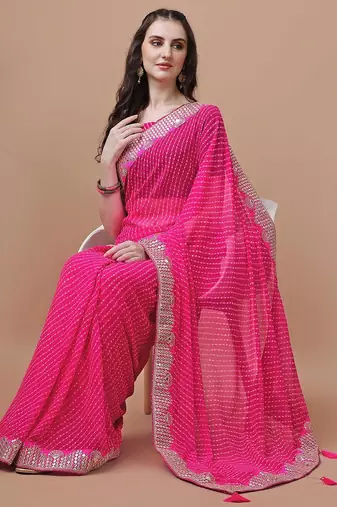 pink pink geometric printed bandhani saree