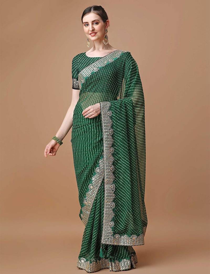 green green geometric printed bandhani saree