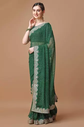 green green geometric printed bandhani saree