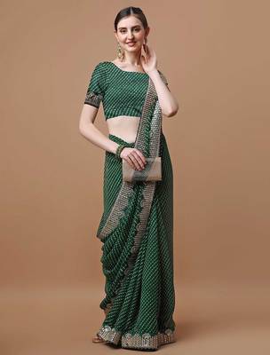 green green geometric printed bandhani saree 4