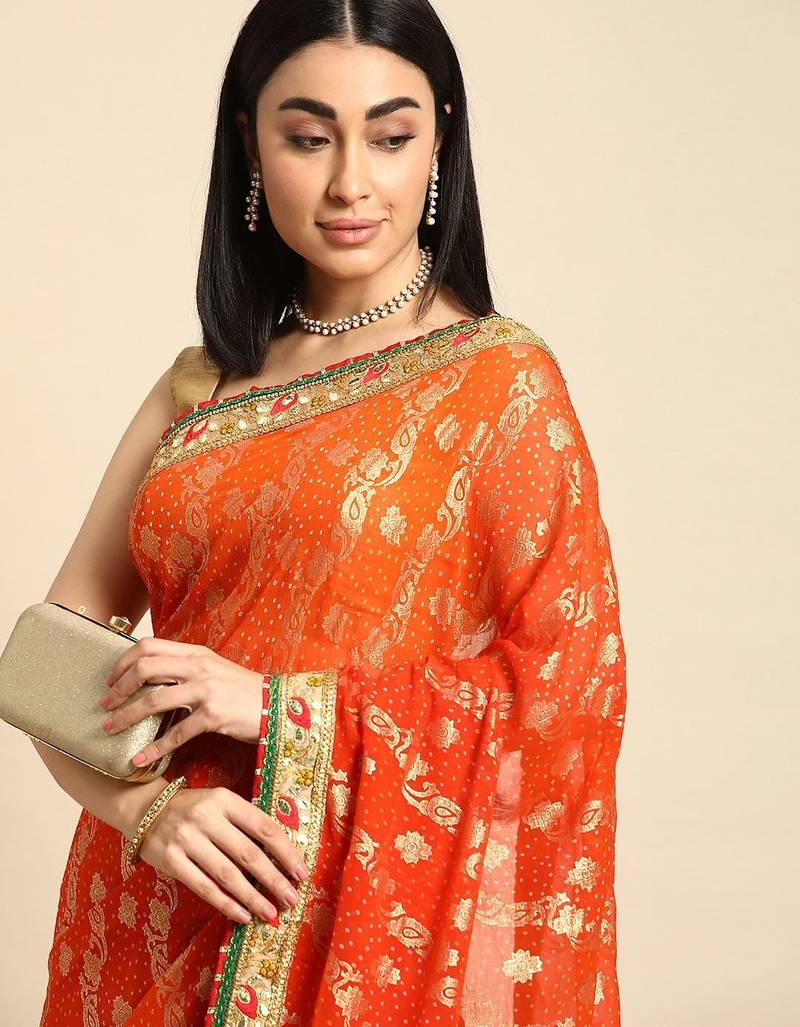orange ethnic motifs zari poly georgette bandhani saree