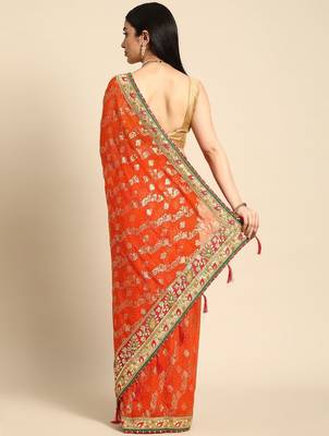orange ethnic motifs zari poly georgette bandhani saree 3