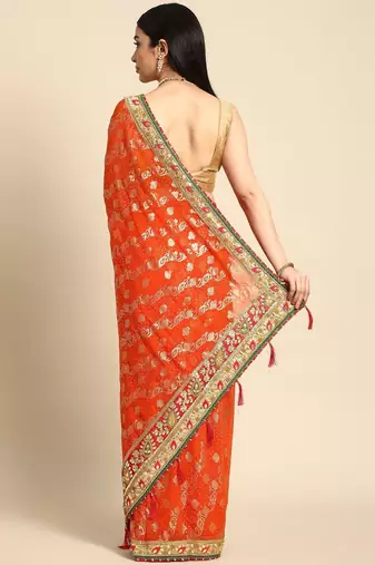 orange ethnic motifs zari poly georgette bandhani saree
