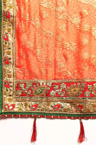 orange ethnic motifs zari poly georgette bandhani saree