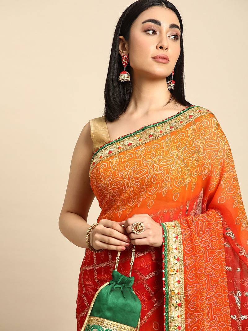 orange gotta patti poly georgette bandhani saree