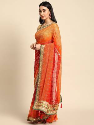 orange gotta patti poly georgette bandhani saree 2