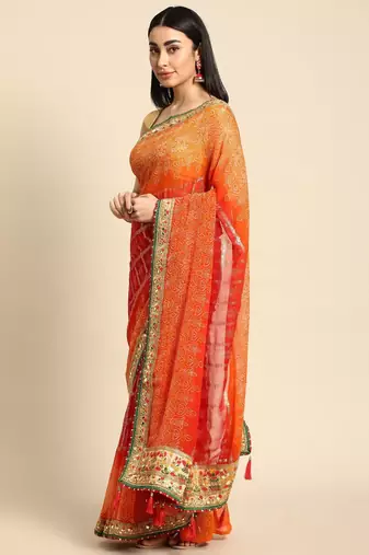 orange gotta patti poly georgette bandhani saree