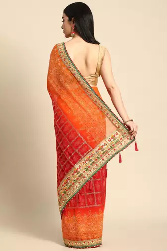 orange gotta patti poly georgette bandhani saree