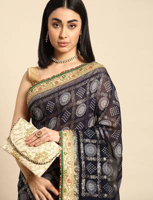 navy_blue zari poly georgette bandhani saree 1