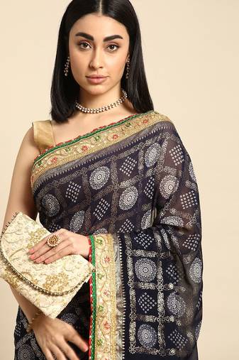 navy_blue zari poly georgette bandhani saree