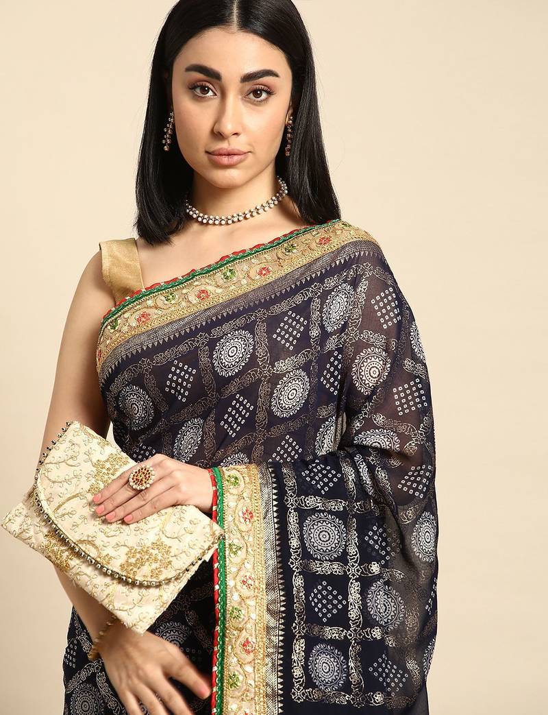 navy_blue zari poly georgette bandhani saree