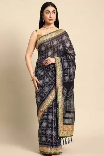 navy_blue zari poly georgette bandhani saree
