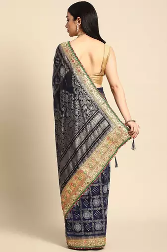 navy_blue zari poly georgette bandhani saree