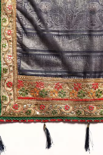 navy_blue zari poly georgette bandhani saree