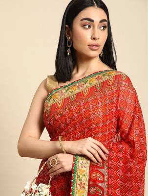 red gotta patti poly georgette bandhani saree 1