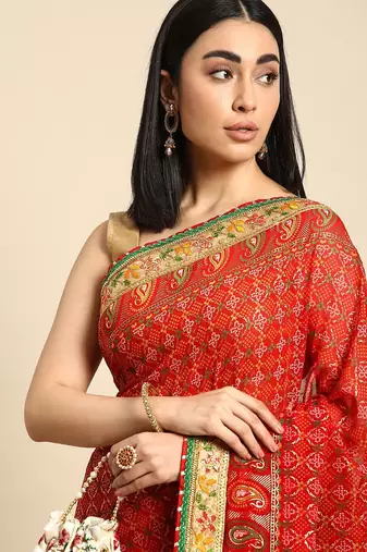red gotta patti poly georgette bandhani saree