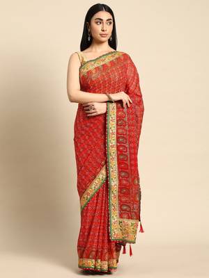 red gotta patti poly georgette bandhani saree 2