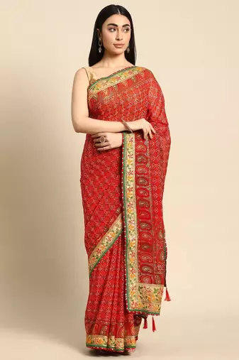 red gotta patti poly georgette bandhani saree