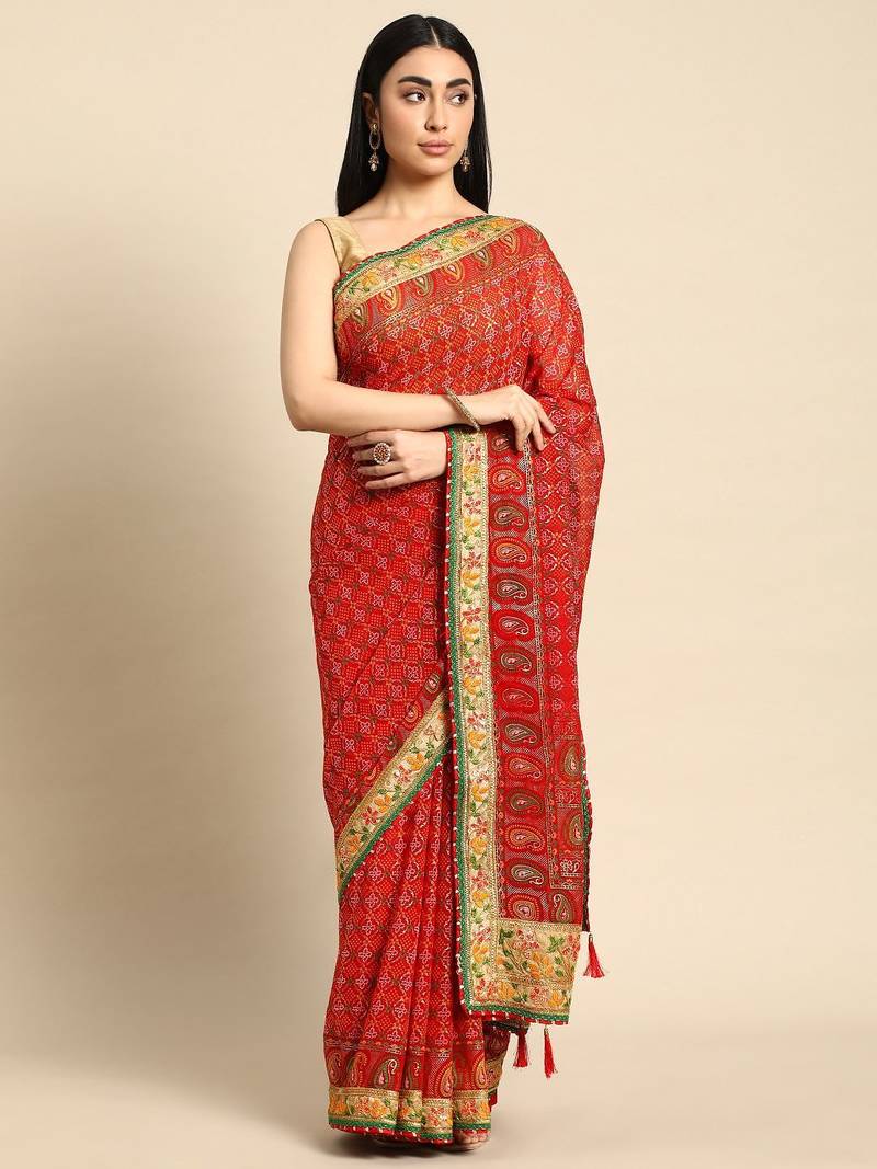 red gotta patti poly georgette bandhani saree