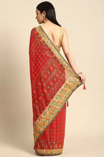 red gotta patti poly georgette bandhani saree