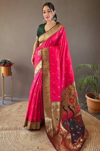 pink ethnic motifs woven design zari paithani saree
