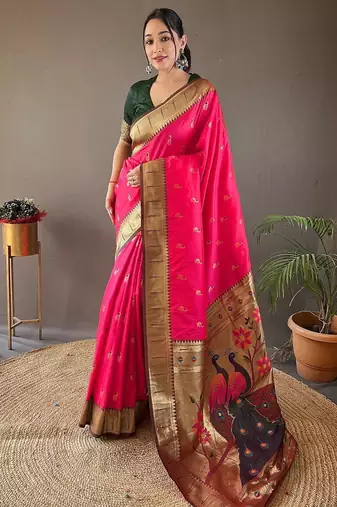 pink ethnic motifs woven design zari paithani saree