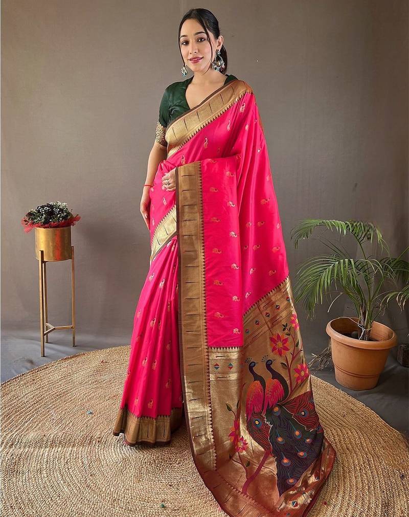 pink ethnic motifs woven design zari paithani saree