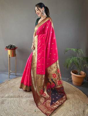 pink ethnic motifs woven design zari paithani saree 2
