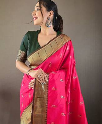 pink ethnic motifs woven design zari paithani saree 3