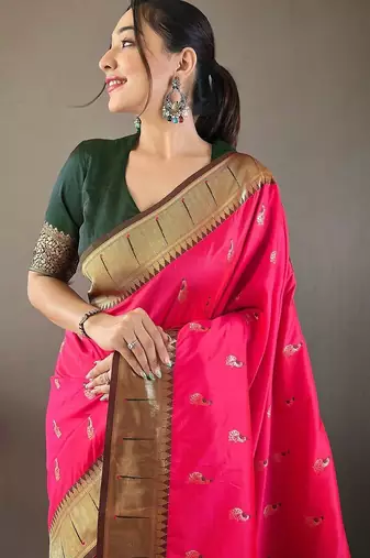 pink ethnic motifs woven design zari paithani saree