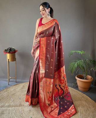 brown ethnic motifs woven design zari paithani saree 1