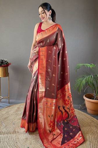 brown ethnic motifs woven design zari paithani saree