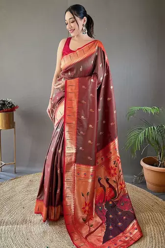 brown ethnic motifs woven design zari paithani saree