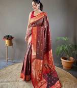 brown ethnic motifs woven design zari paithani saree