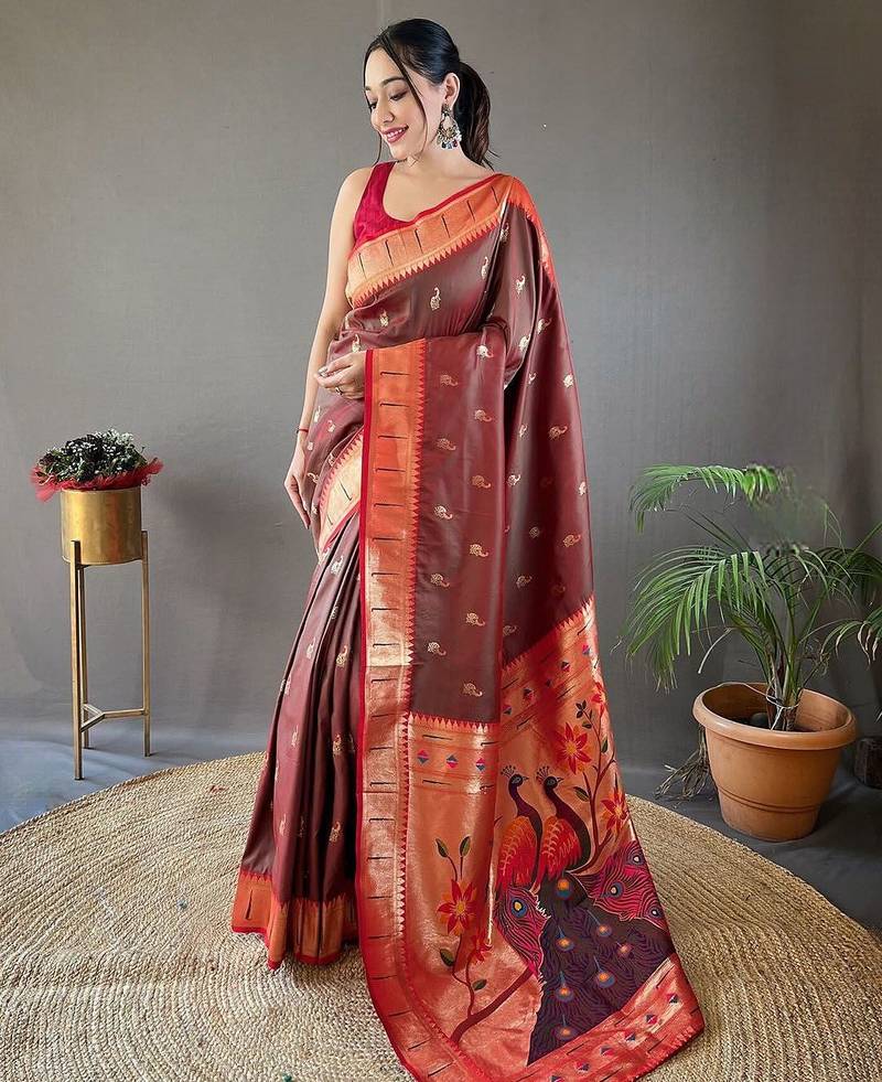 brown ethnic motifs woven design zari paithani saree