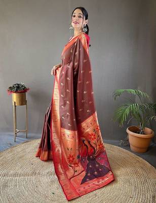 brown ethnic motifs woven design zari paithani saree 2